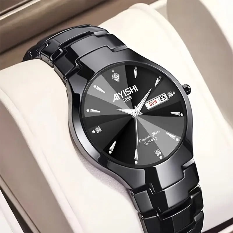 AIYISHI Elegant Men's Quartz Watch - Rose Golden Case, & Luminous with Dual Calendar, Date & Sun/Mon Display, Alloy Band - Ideal Gift