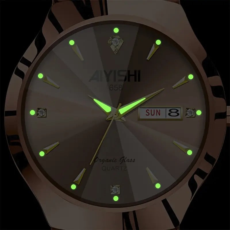 AIYISHI Elegant Men's Quartz Watch - Rose Golden Case, & Luminous with Dual Calendar, Date & Sun/Mon Display, Alloy Band - Ideal Gift