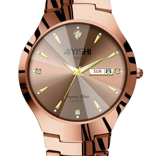 AIYISHI Elegant Men's Quartz Watch - Rose Golden Case, & Luminous with Dual Calendar, Date & Sun/Mon Display, Alloy Band - Ideal Gift