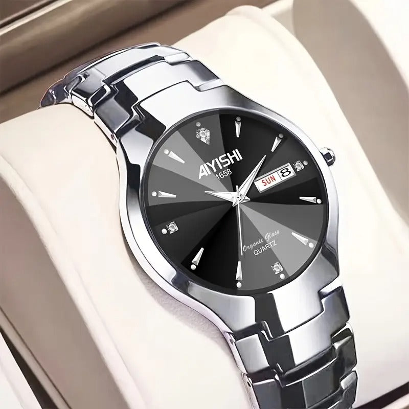 AIYISHI Elegant Men's Quartz Watch - Rose Golden Case, & Luminous with Dual Calendar, Date & Sun/Mon Display, Alloy Band - Ideal Gift