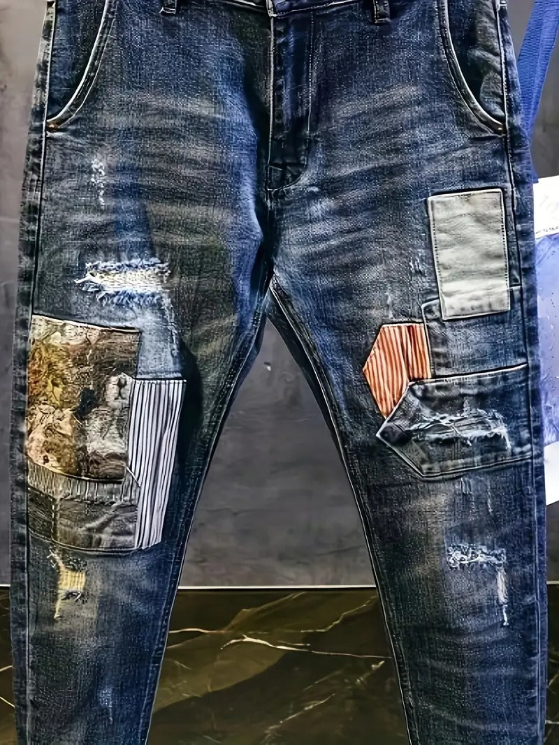 Random Position Bear Embroidery Patchwork Denim Jeans