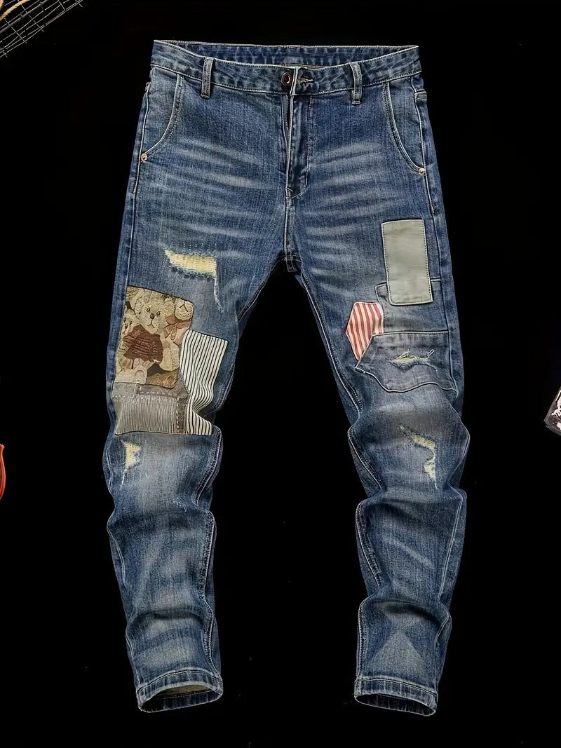 Random Position Bear Embroidery Patchwork Denim Jeans