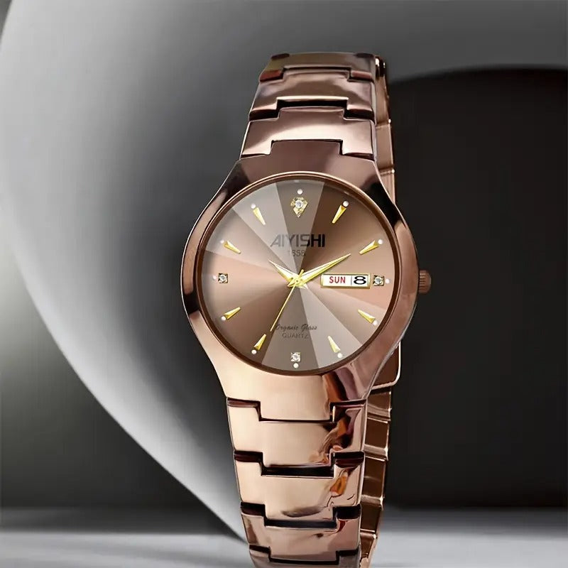 AIYISHI Elegant Men's Quartz Watch - Rose Golden Case, & Luminous with Dual Calendar, Date & Sun/Mon Display, Alloy Band - Ideal Gift