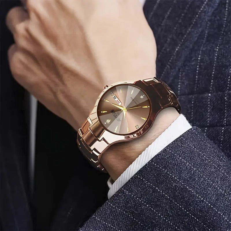 AIYISHI Elegant Men's Quartz Watch - Rose Golden Case, & Luminous with Dual Calendar, Date & Sun/Mon Display, Alloy Band - Ideal Gift