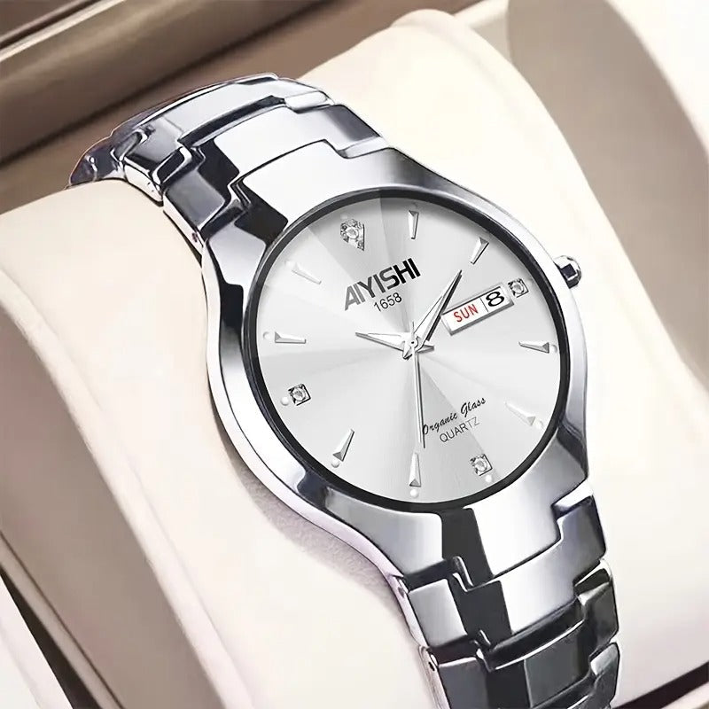 AIYISHI Elegant Men's Quartz Watch - Rose Golden Case, & Luminous with Dual Calendar, Date & Sun/Mon Display, Alloy Band - Ideal Gift