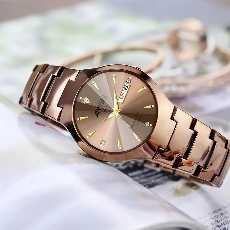 AIYISHI Elegant Men's Quartz Watch - Rose Golden Case, & Luminous with Dual Calendar, Date & Sun/Mon Display, Alloy Band - Ideal Gift