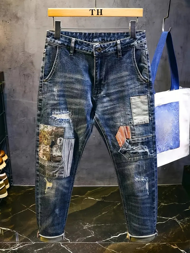 Random Position Bear Embroidery Patchwork Denim Jeans