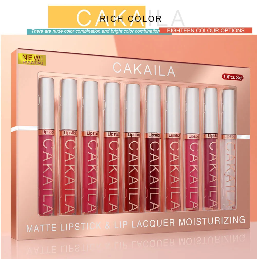 CAKAILA 10pcs/set Nude Lip Gloss Matte Velvet Lipstick Waterproof