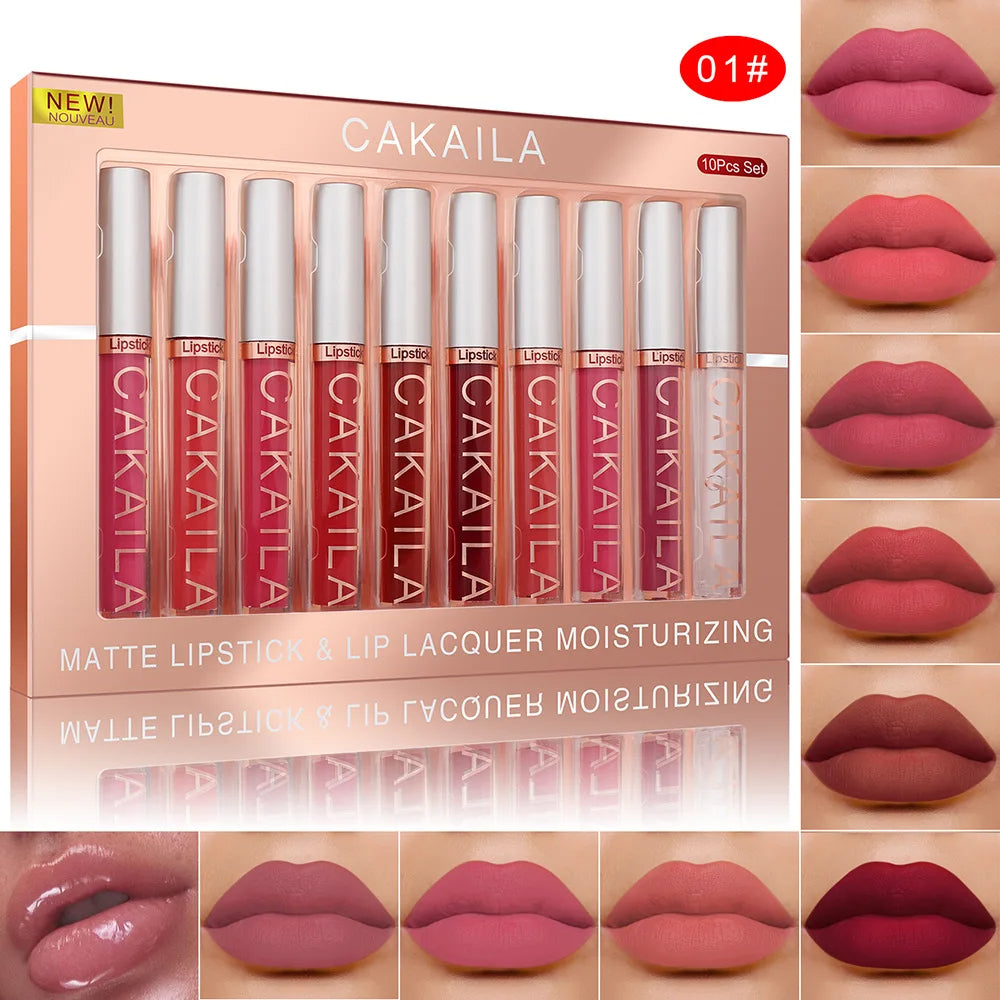 CAKAILA 10pcs/set Nude Lip Gloss Matte Velvet Lipstick Waterproof