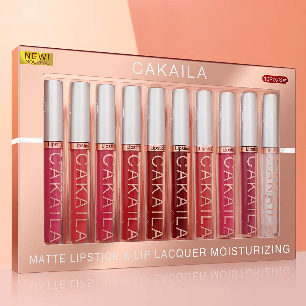 CAKAILA 10pcs/set Nude Lip Gloss Matte Velvet Lipstick Waterproof