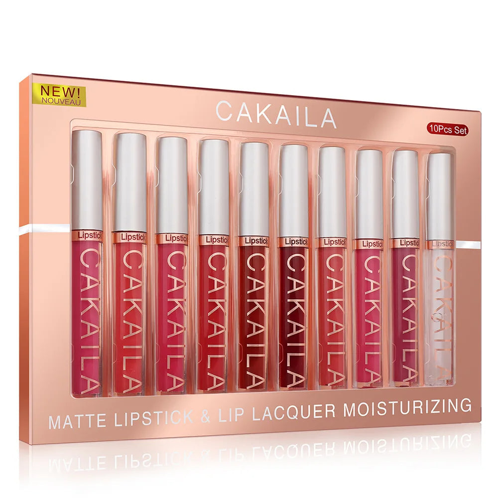 CAKAILA 10pcs/set Nude Lip Gloss Matte Velvet Lipstick Waterproof