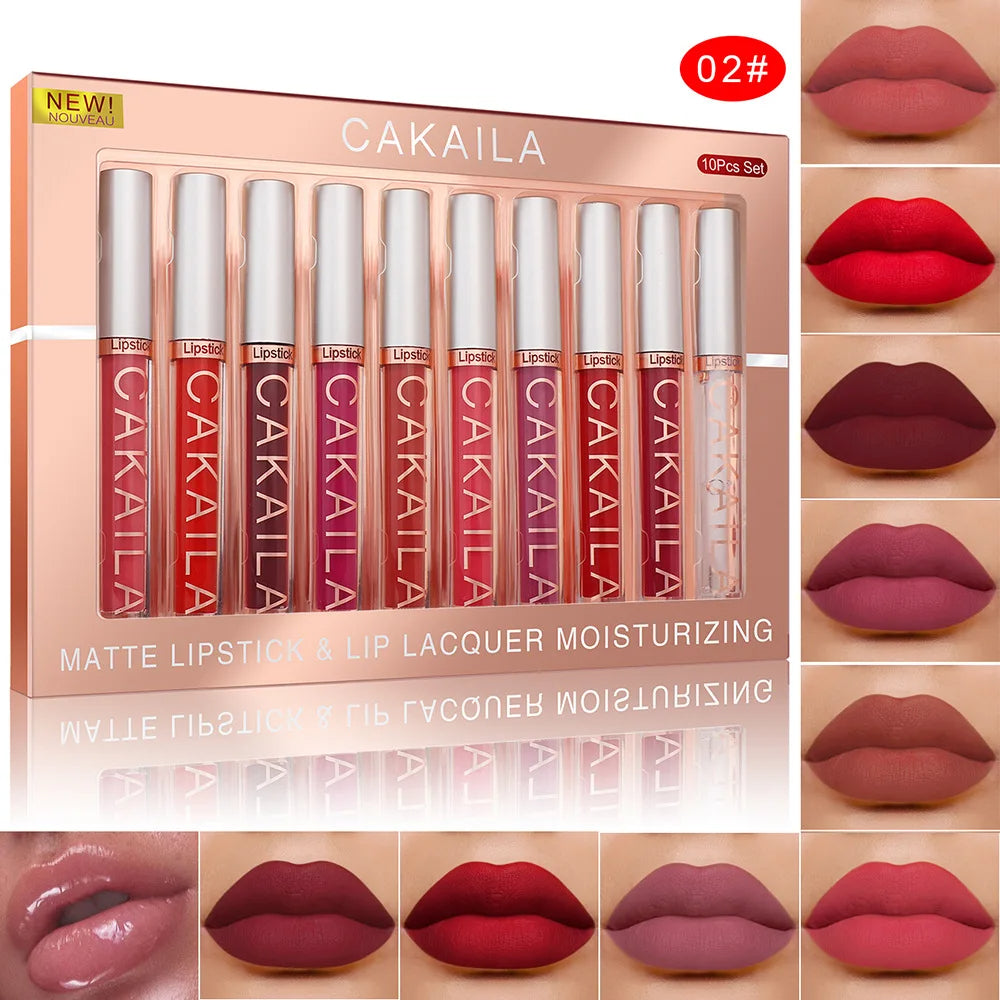 CAKAILA 10pcs/set Nude Lip Gloss Matte Velvet Lipstick Waterproof