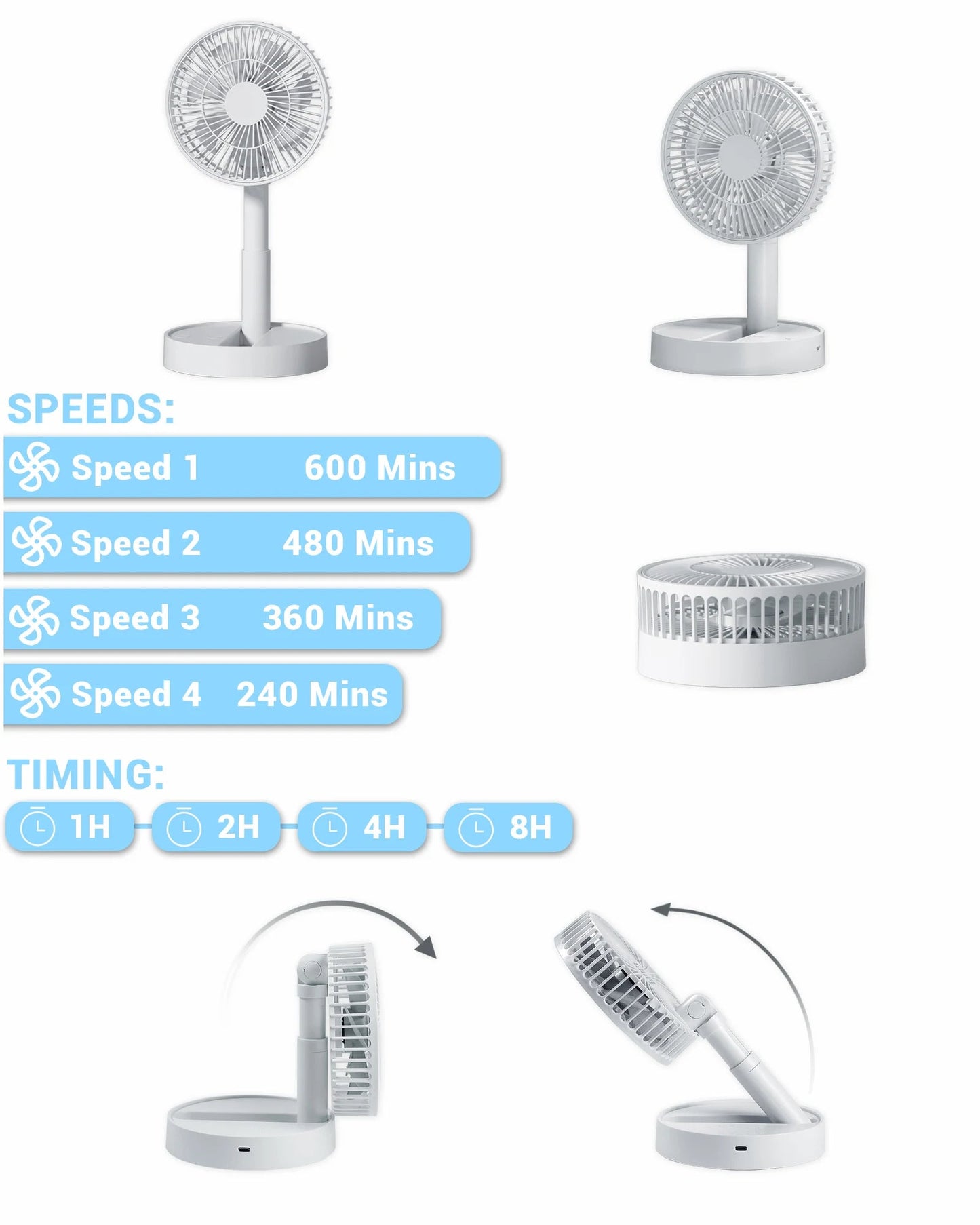 USB Foldable Fan with 4 Speeds ＆ Timing,Battery Operated Mini Fan for Bedroom