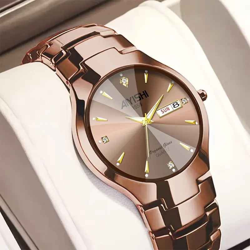 AIYISHI Elegant Men's Quartz Watch - Rose Golden Case, & Luminous with Dual Calendar, Date & Sun/Mon Display, Alloy Band - Ideal Gift