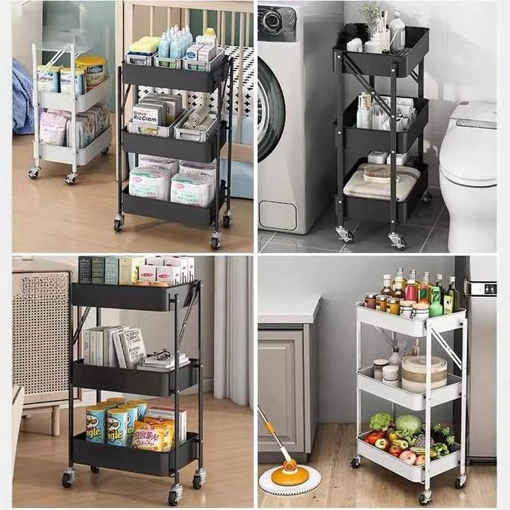 3-Tier Foldable Stainless Steel Rolling Cart